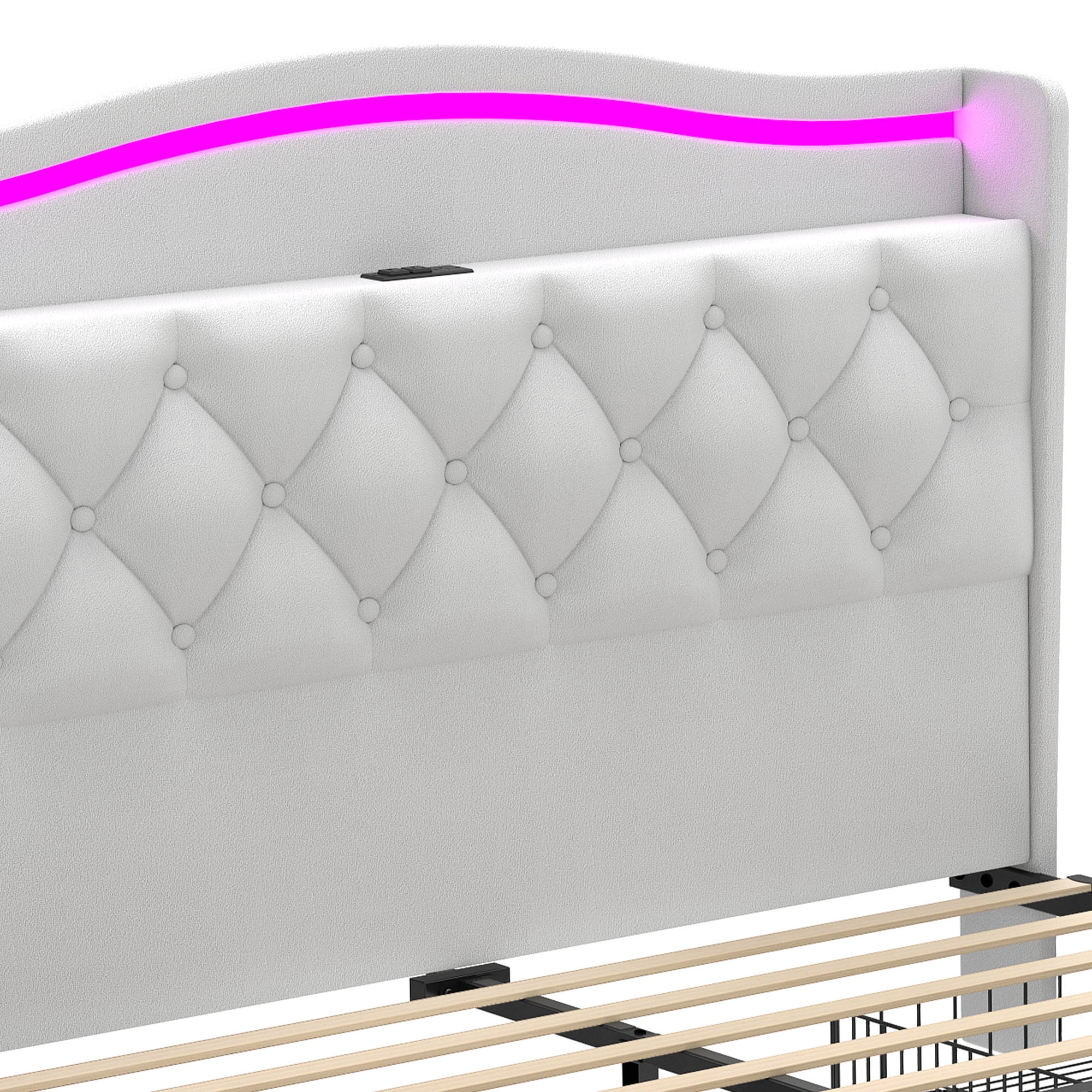Uforic Queen Size Velvet Upholstered Bed Frame with RGB LED Ambient Light, Built-in Charging Station, No Box Spring Required, White