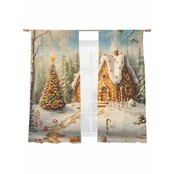 Christmas Gingerbread Sheer Curtains 2 Panels Set, House Xmas Tree Snow-covered Forest Window Sheer Curtains for Living Room/Bedroom, Light Filtering Rod Pocket Voile Drapes, 52" W x 72" L