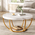 thumbnail image 1 of Fnova Coffee Table with 2 - Tier Storage, 32" Round Coffee Table with Metal Legs, Modern Rustic Style Center Table for Living Room, White and Gold, 1 of 10