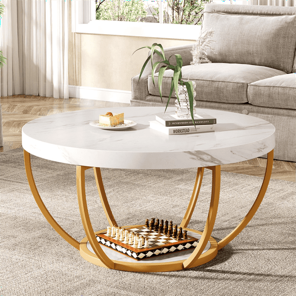 Fnova Coffee Table with 2 - Tier Storage, 32" Round Coffee Table with Metal Legs, Modern Rustic Style Center Table for Living Room, White and Gold