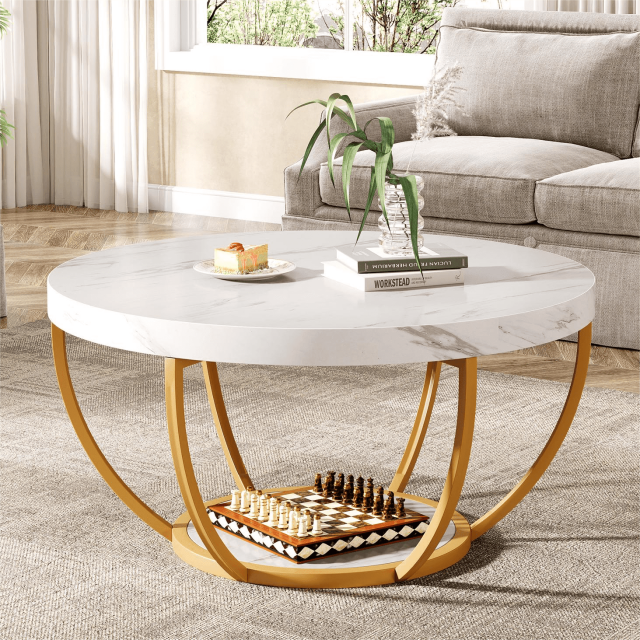 Fnova Coffee Table with 2 - Tier Storage, 32" Round Coffee Table with Metal Legs, Modern Rustic Style Center Table for Living Room, White and Gold