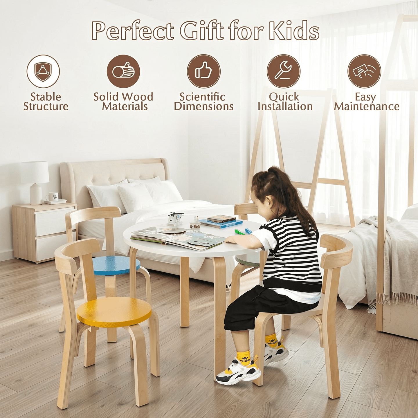 Furnibear Kids Table and Chair Set 5 Piece Kids Wooden Curved Back Activity Table and Chair Set