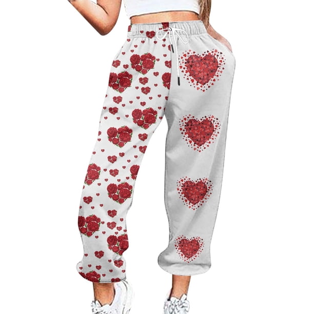 Gibobby pantalones con forro polar Pantalones de chándal informales con estampado del día de San Valentín para mujer, bolsillos, cintura alta, deportivos, gimnasio, ajuste atlético (Vino, L)
