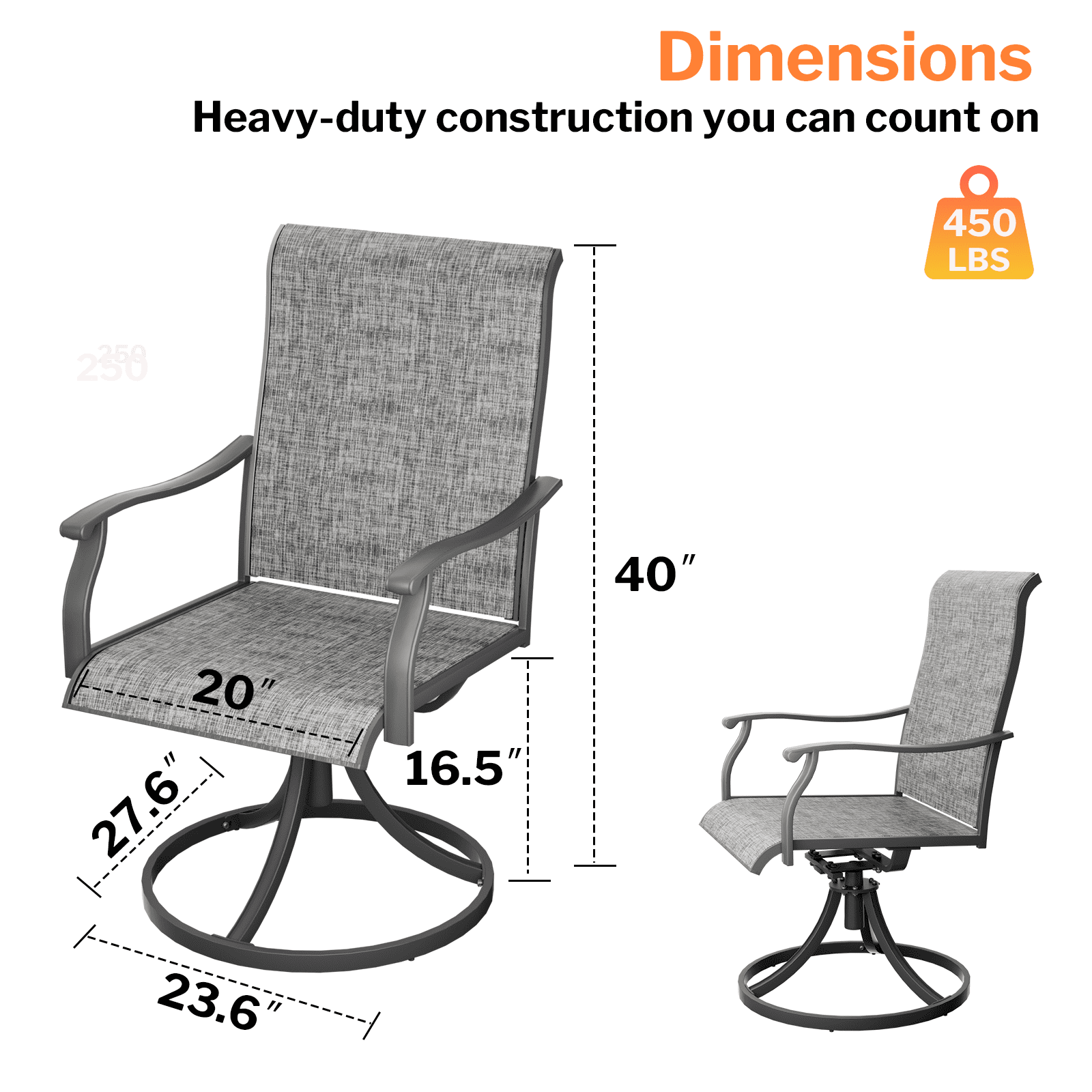 MEOOEM 360° Swivel Outdoor Patio Chairs Set of 2, Grey Textilene Fabric & Metal Frame Patio Swivel Rocker Chairs 450LBS for Outside, Porch, Lawn