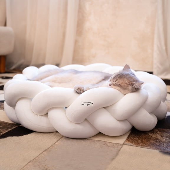 CheerPals Twisted Pet Bed, Weave Cat Bed Sofa with Cushion for Indoor Cats Puppy(White)