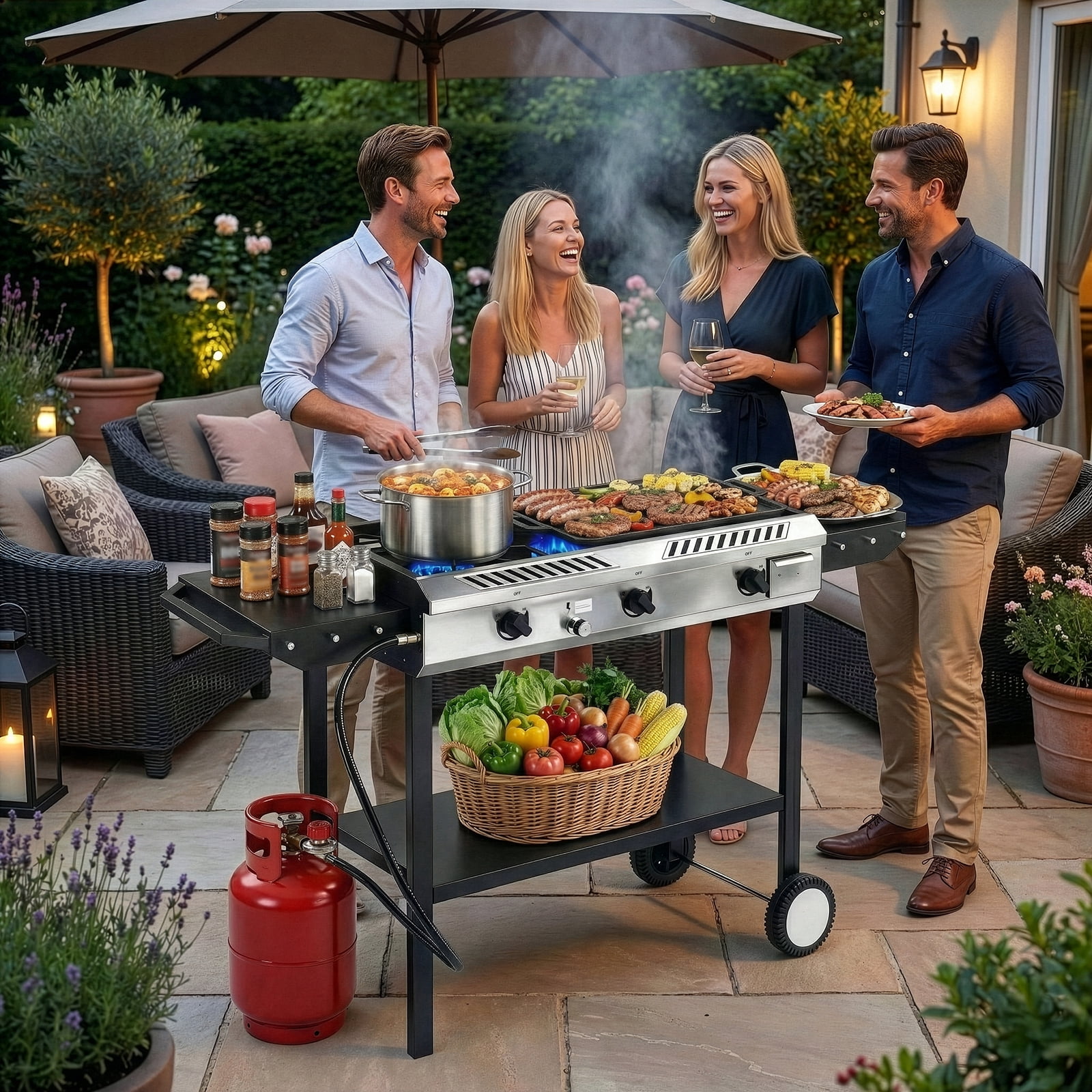 UBesGoo 3-Burner Propane Stove, Portable Outdoor Cooker with Removable Legs & Wind Panel for Camping, Backyard, Canning