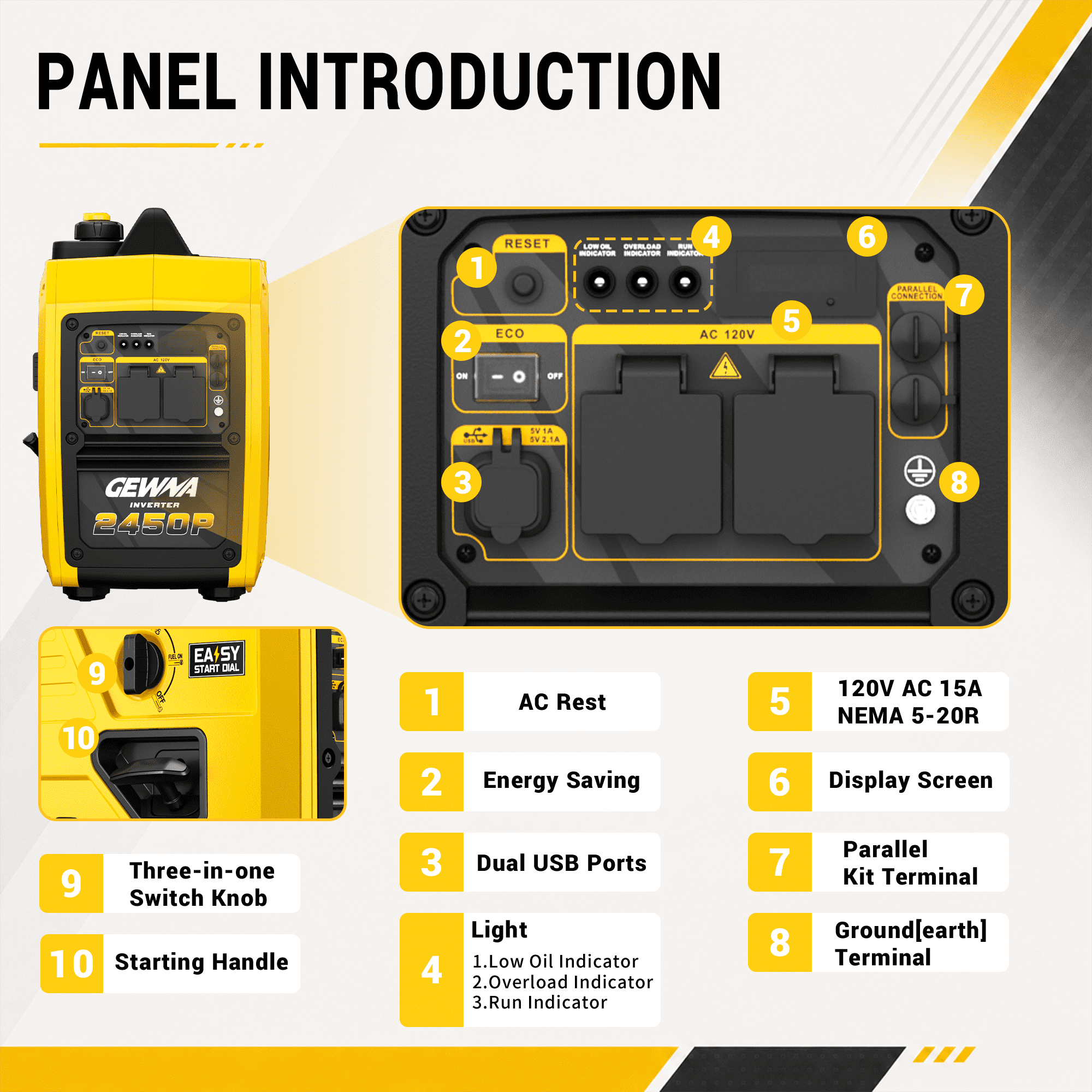 Gewna 2450W Portable Inverter Generator - Gas Powered,Ultra Quiet for RV, Camping, Home Backup,1.6 Gallon Large Fuel Tank Yellow
