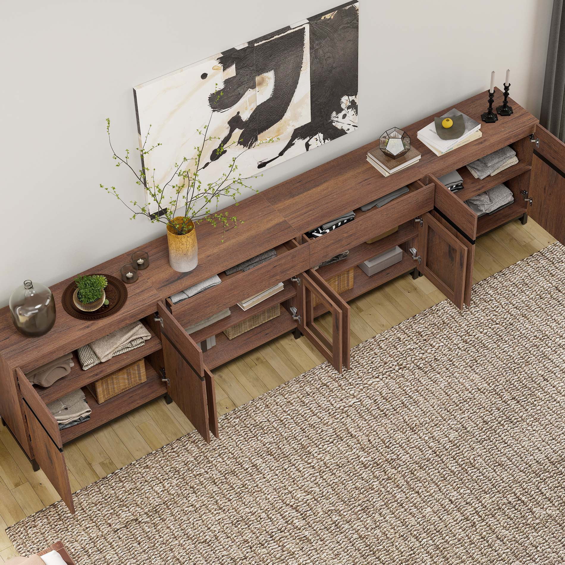 4 In 1 Sideboard Buffet Cabinets With Glass Doors And 2 Drawers, Modern Sideboard Credenza With Adjustable Shelf And Metal Base,Cabinet Storage Cabinet,Brown