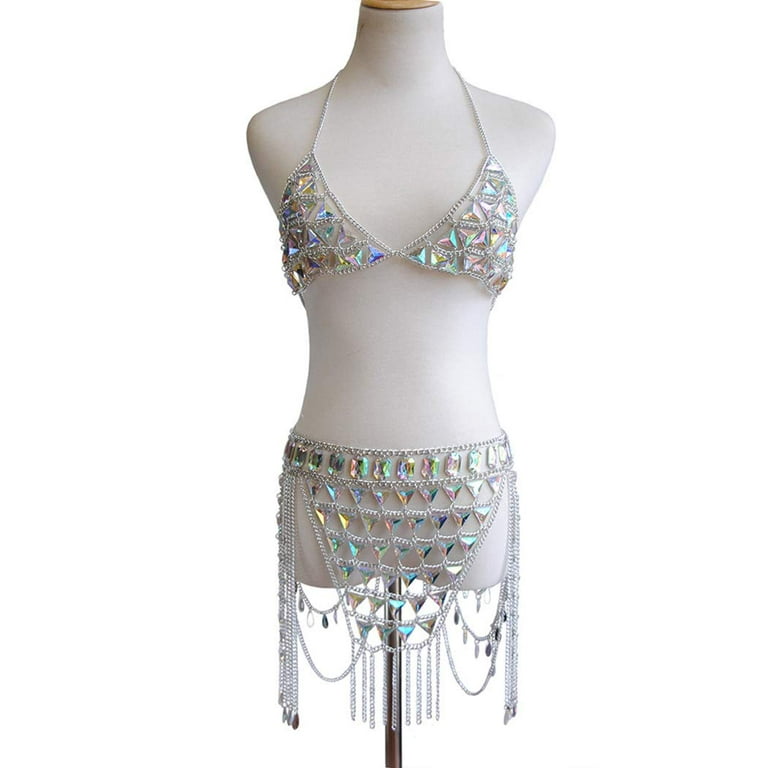 Rhinestone Body Chain Suit Boho Body Waist Belly Chain Skirt Crystal Body  Chain Bra top Festival Jewelry for Women and Girls