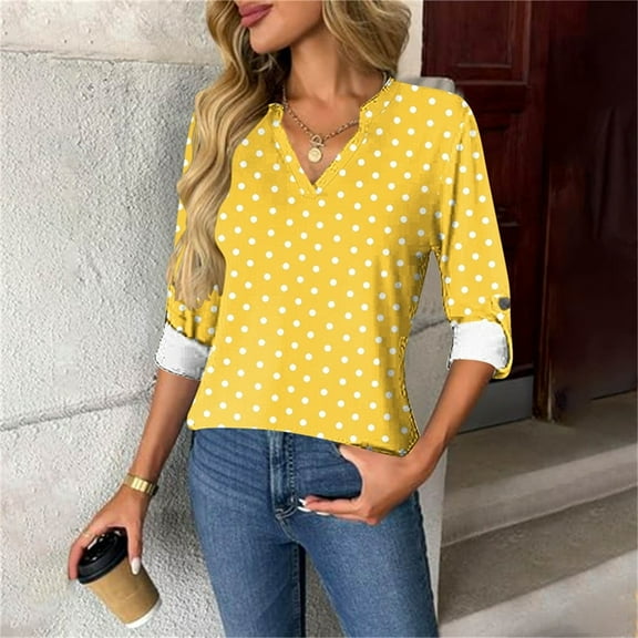 VgaVtl Long Sleeve T Shirt Women V-Neck Tunic Women Plus Size Tops Yellow Loose Casual Polka Dots Button Shirts,XXL