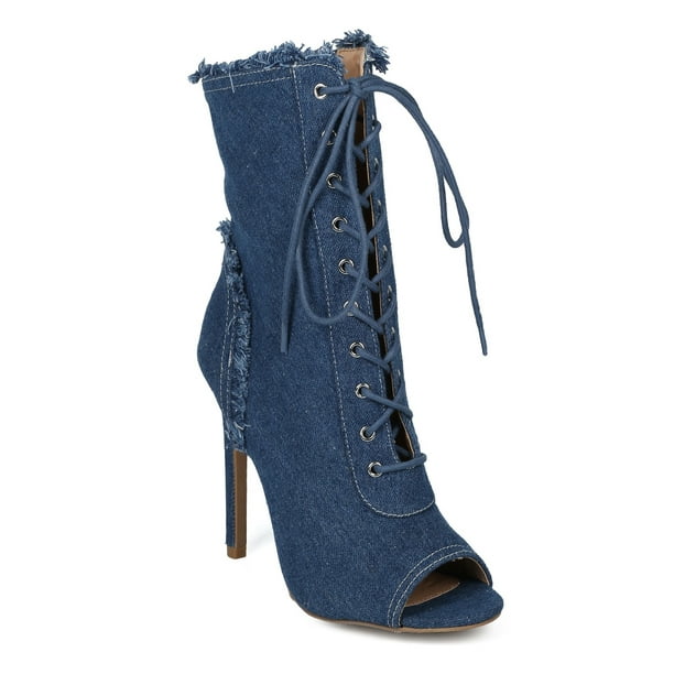 open toe denim booties