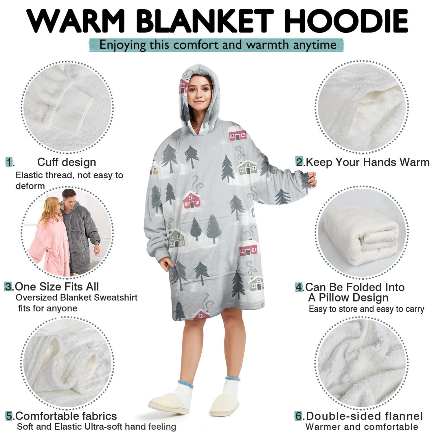 Wearable Oversized Blanket,Gray Christmas House and Tree Pattern Wearable Blanket Hoodie for Adults,Cozy Hooded Blankets with Super Pockets,Super Warm Fuzzy Pullover for Women & Men
