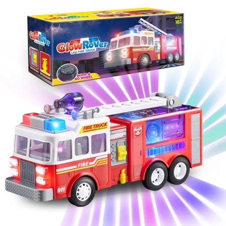 Joyfy Fire Truck Toy Bump and Go Fire Engine Trucks with LED Projections & Sirens Boys & Girls Firetruck for Kids Birthday