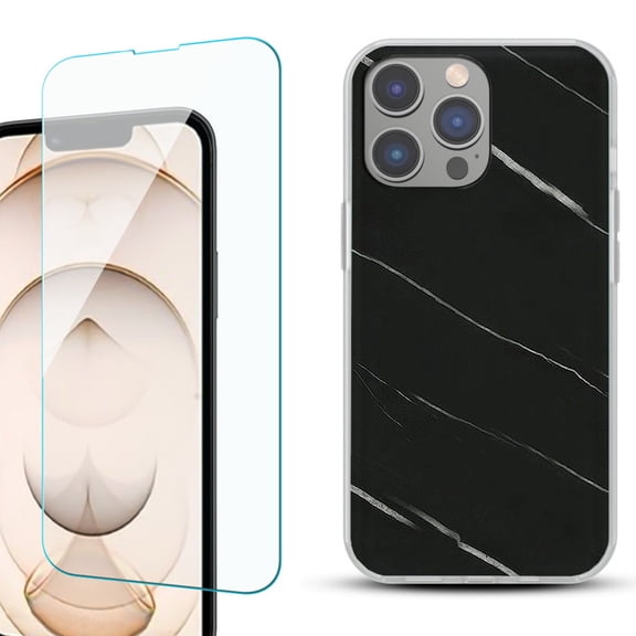 OneToughShield ® for iPhone 15 Pro Shockproof Phone Case, with Tempered Glass Screen Protector - Marble / Black