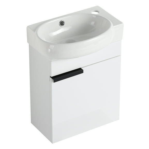 16.8 Inch Modern Compact Wall-Mounted Gloss White Bathroom Vanity Cabinet With Ceramics Sink Basin & Soft-Close Cabinet Door