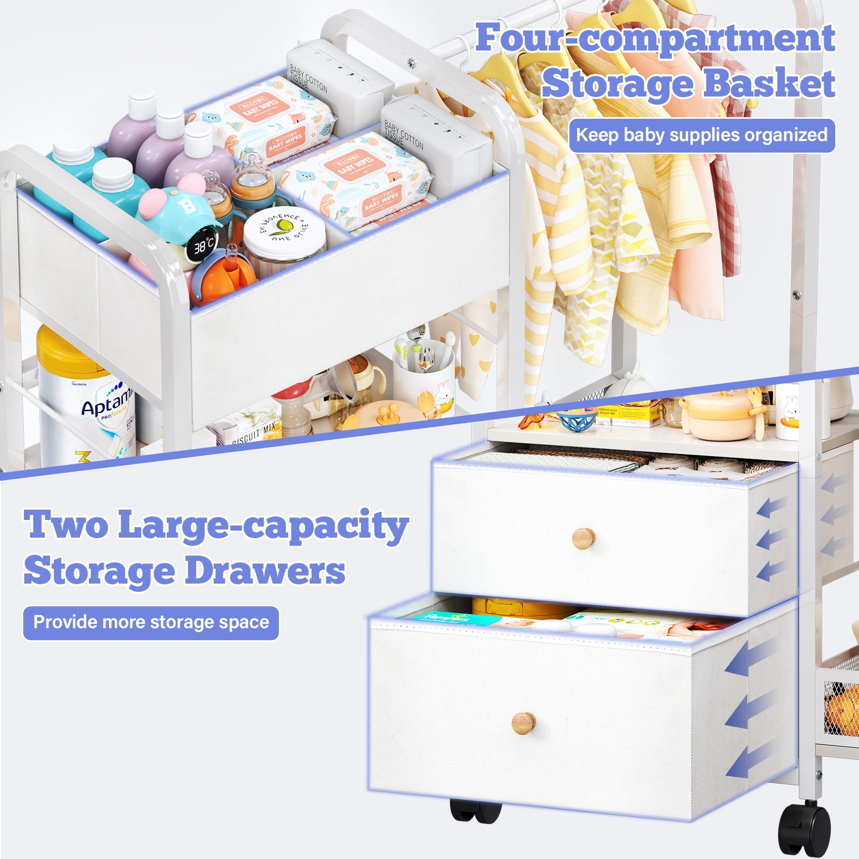 TC-HOMENY Baby All Essentials Diaper Toys Organizer Cart with 3-Tier Side Storage Space, Stroller Nursery Essentials & Craft Organizer Rolling Utility Cart, Kids Garment Rack w/ 1 Hanging Rod, White