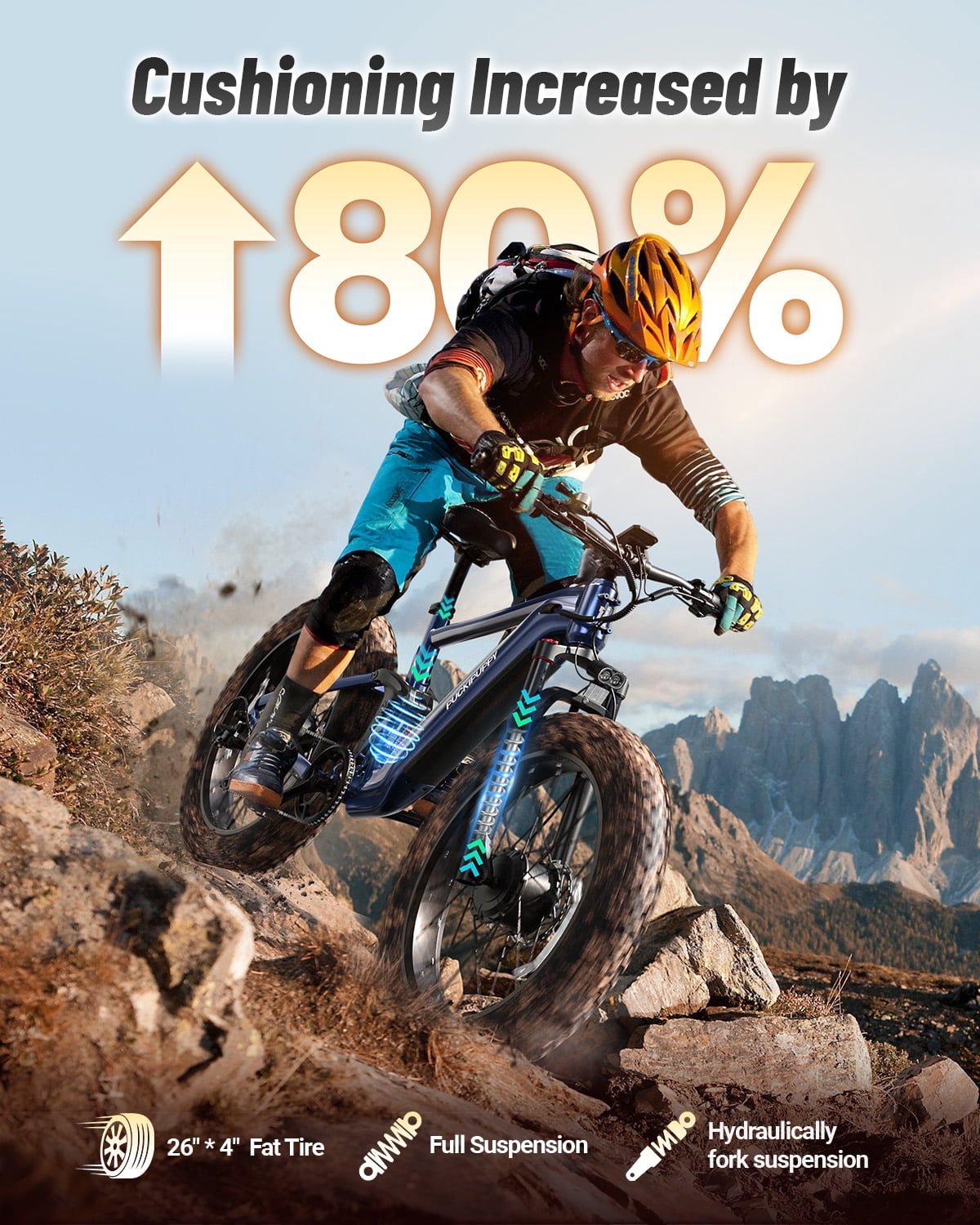 PUCKIPUPPY Dual Motor Electric Bike for Adults 1600W Peak up to 80Miles Range 28mph Max Speed 26" Fat Tire Full Suspension E-Mountain Bike 48V 20AH Battery 8 Speed Ebike, Comply with UL2849 By SGS