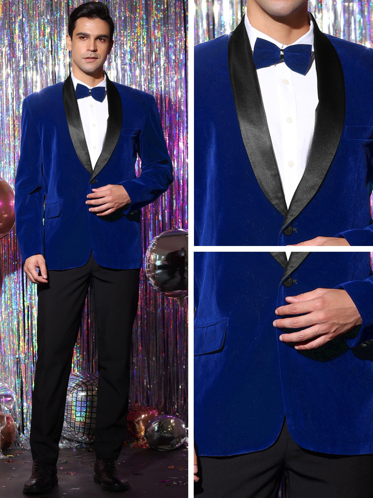 Unique Bargains Men's Slim Fit Shawl Lapel One Button Wedding Velvet Tuxedo Blazer L Blue