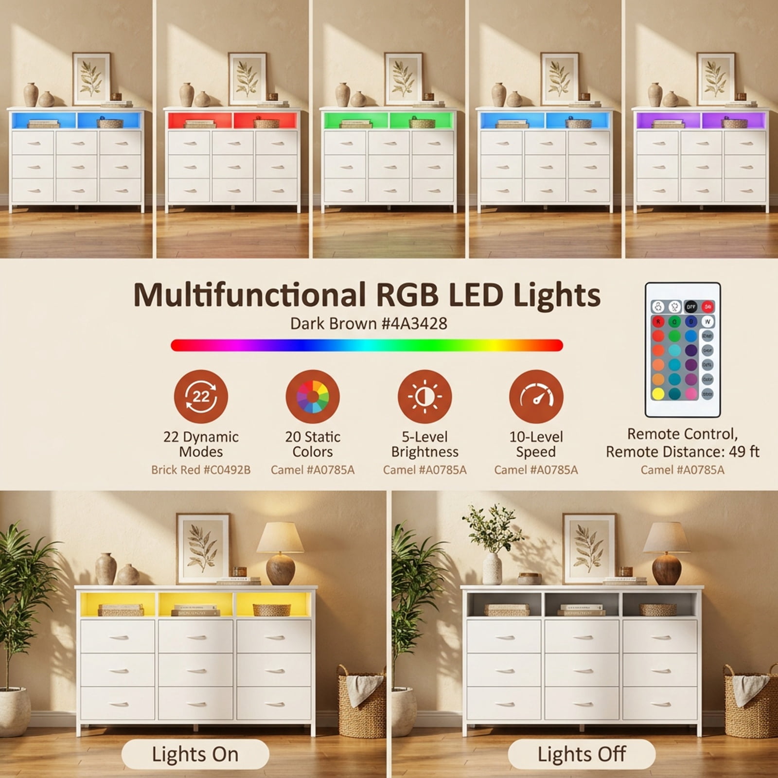 Furnibear Storage Organizer with LED Lights and 9 Fabric Drawers for Bedroom for Bedroom Closet Living Room Nursery Clothes Storage, White