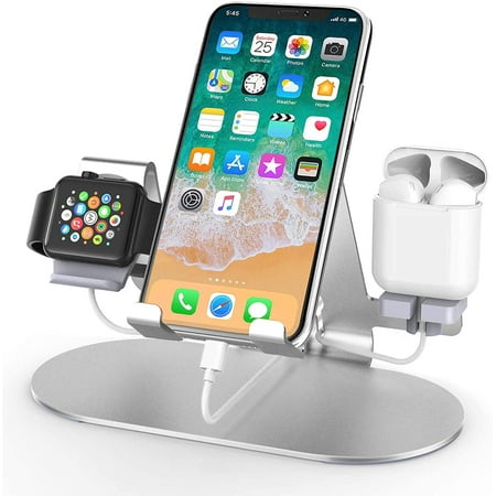 3 in 1 Phone Stand for Desk Aluminum Apple Watch Charger Stand Phone Holder for iPhone 11 All Series, iWatch Series 8/SE2/7/6/SE/5/4/3/2, AirPods, iPad Silver