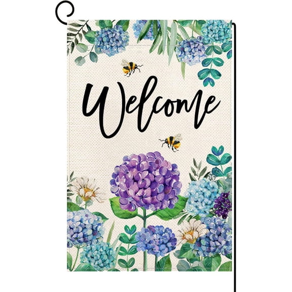 Spring Hydrangea Garden Flag 12x18 Inch Double Sided, Purple Floral Welcome Burlap Yard Outdoor Decoration