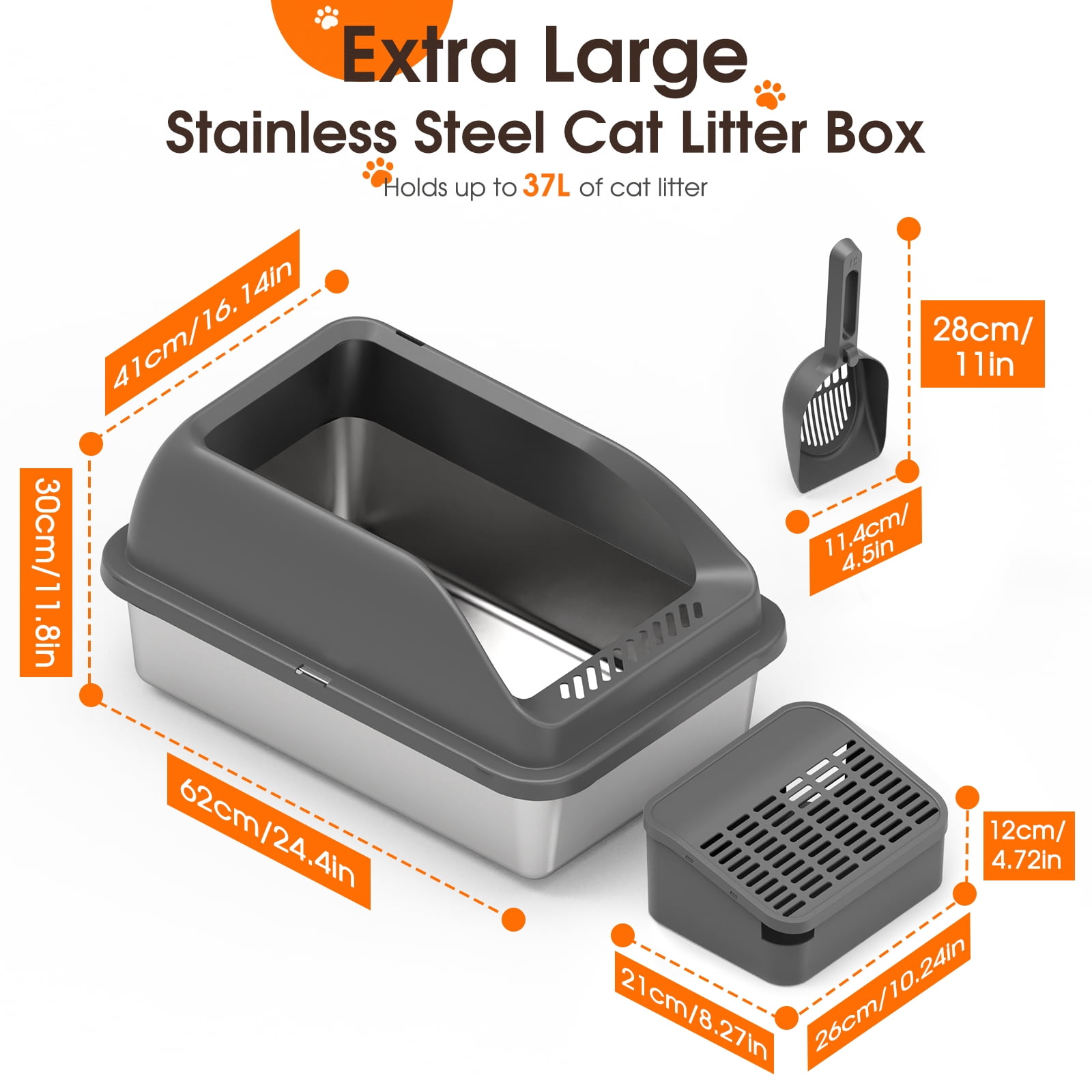Euqvunn Stainless Steel Litter Box XL for Large Cats, Metal Cat Litter Box with Lid and High Sides, Leakproof, Non Stick, Easy to Clean, Scoop Included