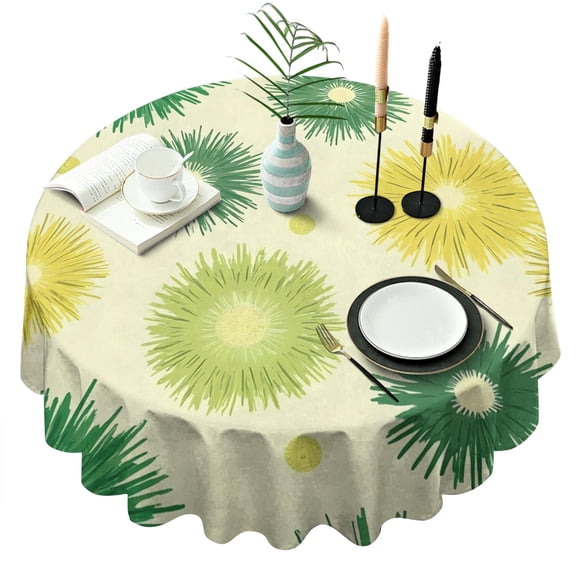 Green Yellow Dandelion Pattern Round Tablecloth 60"x60",Wrinkle Wipeable Table Cloth for Kitchen Dining Room Picnic Patio Party