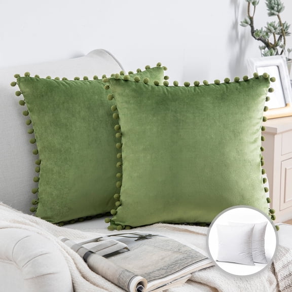 HBMYN Throw Pillow with Insert,Silky Velvet Series Pom Pom Decorative pillow, 20" x 20", Green, 2 Pack, Soft Throw Pillows for Couch