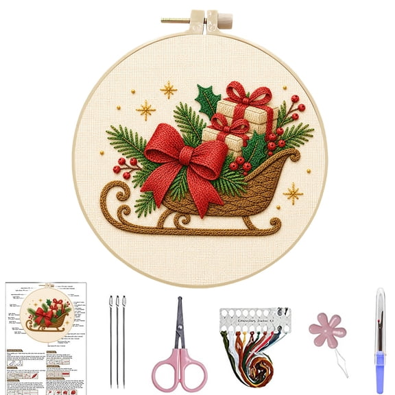 DIY Christmas Themed Patterns Creative Design Beginner-Friendly Round Hoop Decorative Painting Hand Embroidery Kit (Includes A 7.87in Imitation Bamboo Embroidery Hoop)-Sleigh