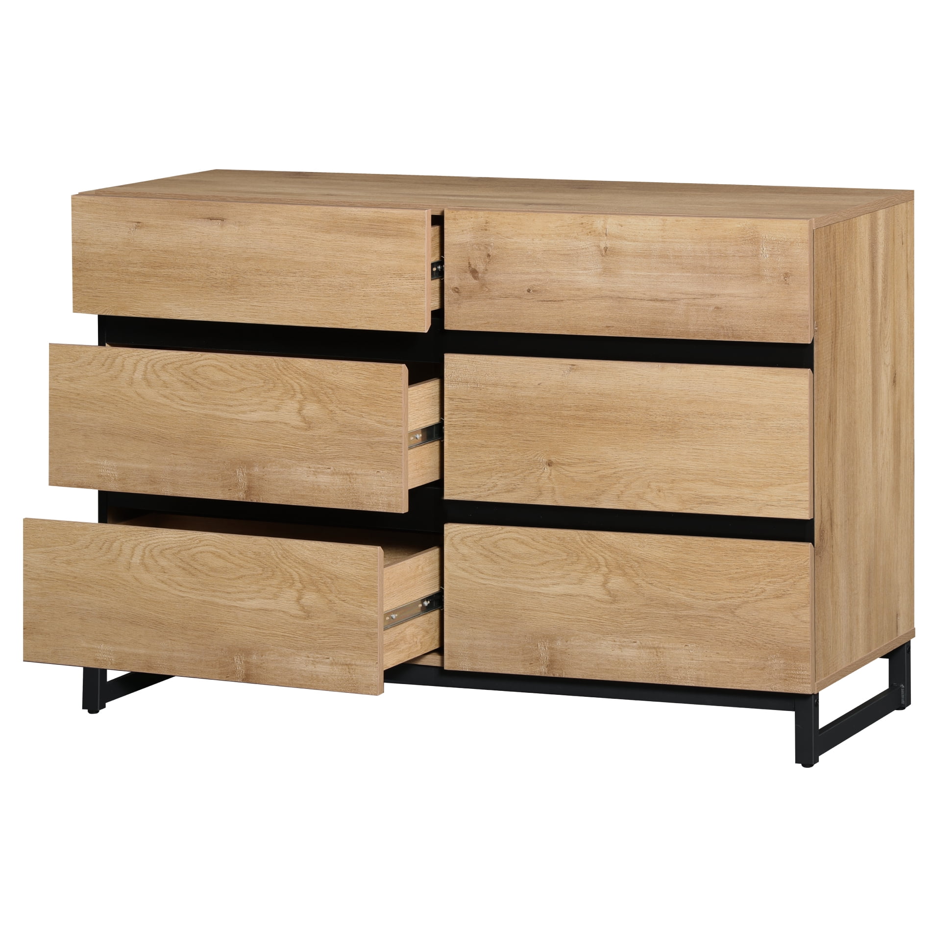 6-Drawer Wood Dresser with Concealed Handles & Metal Base, Modern Chest of Drawers for Bedroom, Living Room, Oak