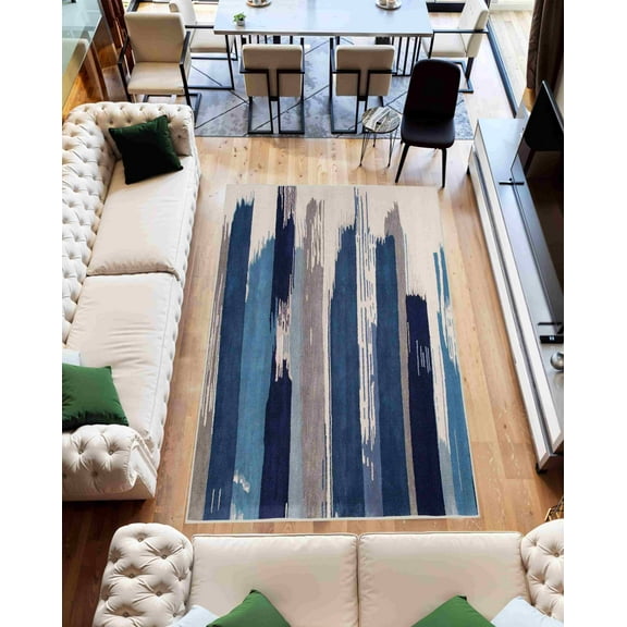 Machine Washable Area Rug 5x7 with Anti-Slip Backing Abstract Living Room Carpet Design 7702 Color Blue
