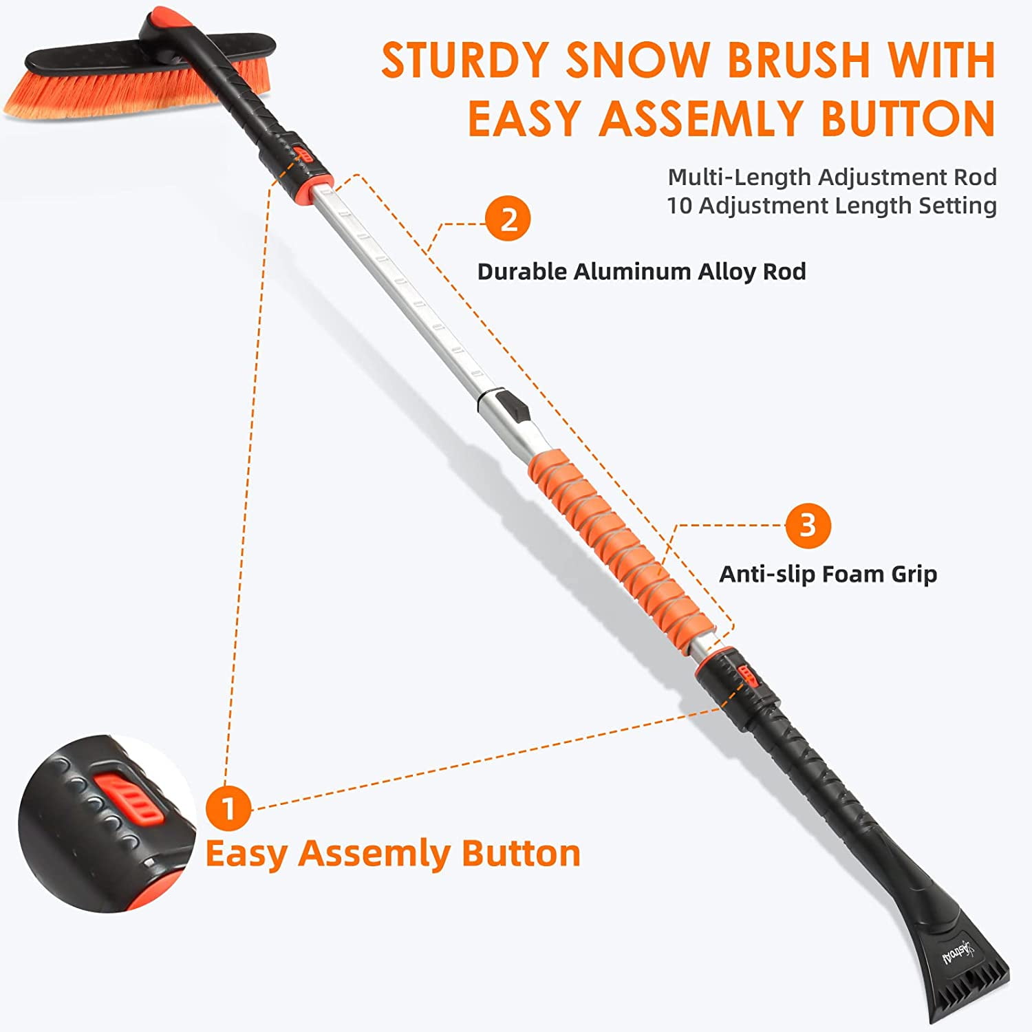 AstroAI 47.2 Ice Scrapers for Car Windshield, 3 in 1 Sturdy Snow Brush  with Squeegee, 10 Adjustable Length Settings, Extendable Aluminum Handle,  270°