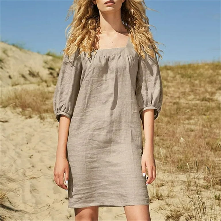 Ygbgbb Womens Summer Dresses Puff Sleeve Dresses Cotton Linen Folded Loose  Vacation Dresses Solid Color Square Neck Midi Dress Khaki XL - Walmart.com