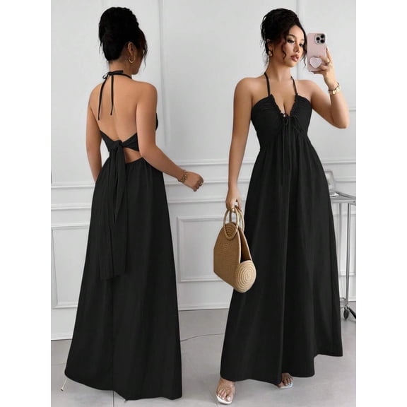 Solid Color Tie-Up Backless Maxi A-Line Dress Women's Summer Sundress One Piece Long Dress