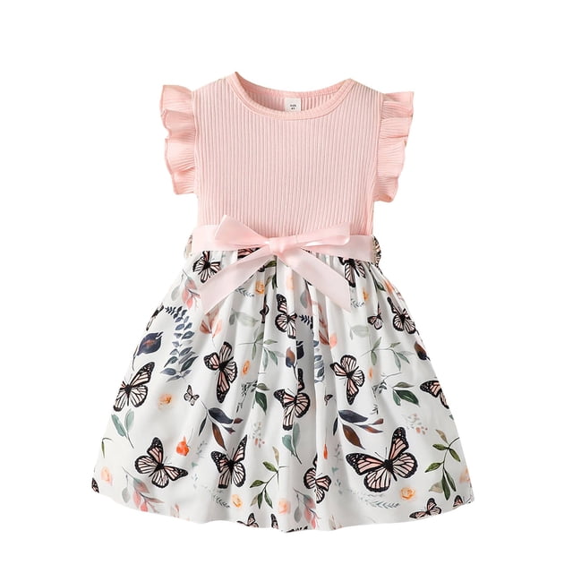dmqupv Robe d'École pour Filles Robes pour Tout-Petites Manches Volantées Robe à Imprimé Papillon Robes d'Été de Plage Rose, Taille pour 3-4 Ans