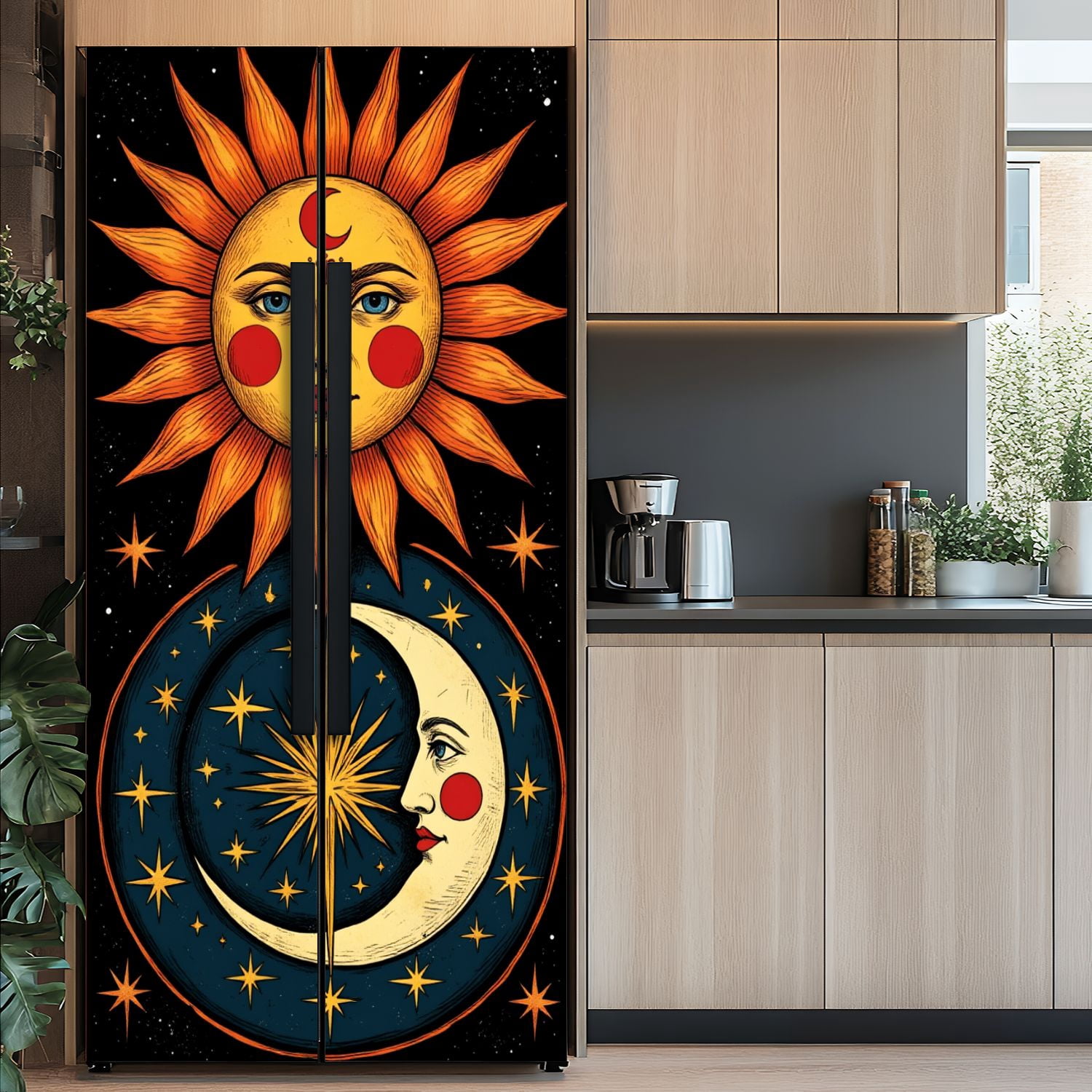 Self Adhesive Vinyl Refrigerator Wrap Set Celestial Sun Moon Stars Cosmic Elements Door Mural Removable Fridge Sticker Peel and Stick&nbsp;Full Door Cover Decal Kitchen Bar Decor