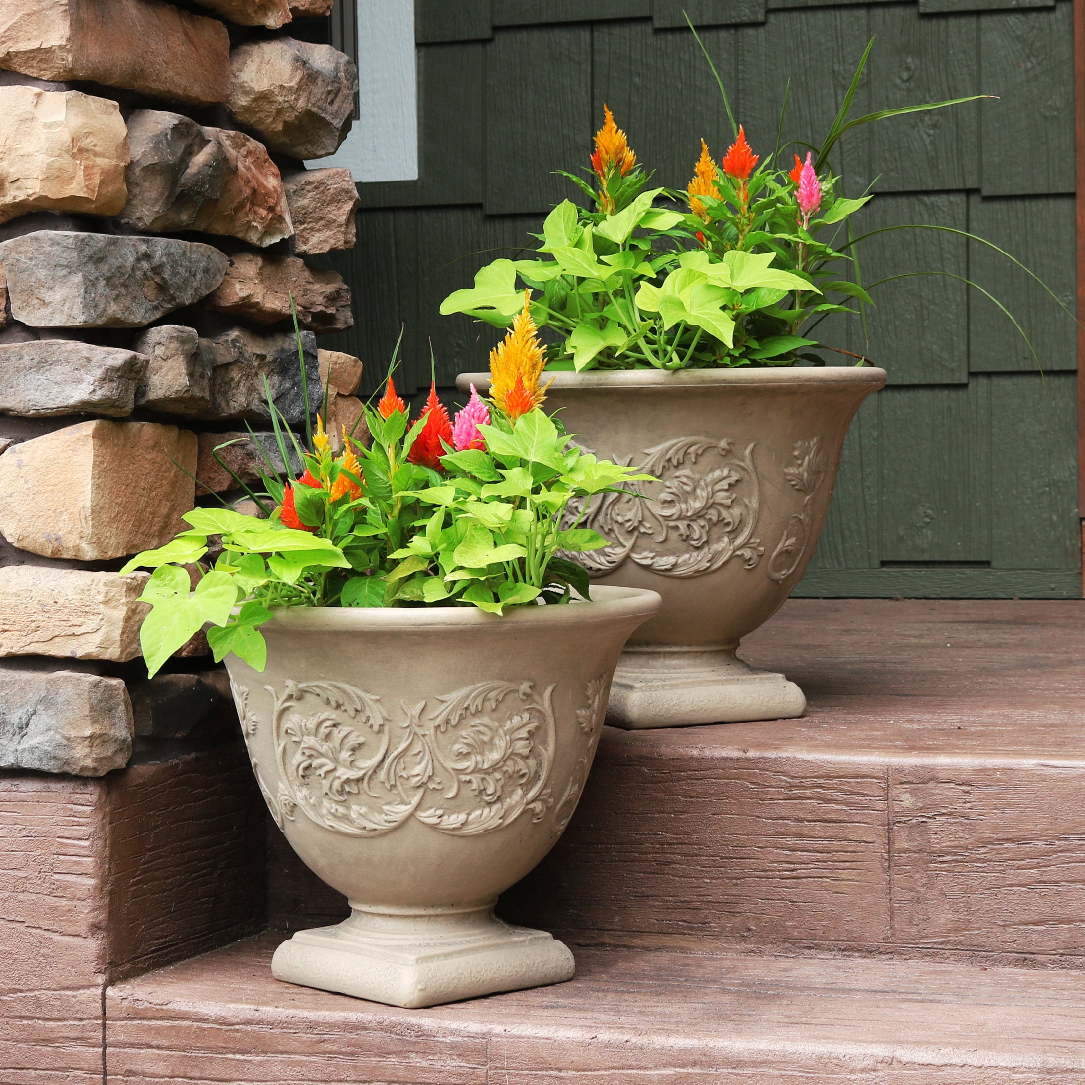 Sunnydaze Darcy 16" x 16" x 13" Round Beige Polyresin Outdoor Planter Pot 2-Count