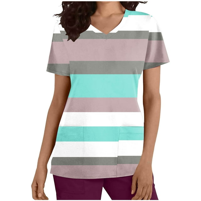 SwiftWear Women's Summer Loose-Fit V-Neck Blouse Tee with Pockets Color-Block Striped Casual Pullover Resort Everyday Top 2025