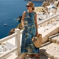 thumbnail image 4 of Jiueut Blue Ink Leaf Print Maxi Dresses for Women, Crewneck Sleeveless Maxi Dress for Women with Pockets, Linen Look Breathable Loose Fit Vacation Dress, XL, 4 of 7