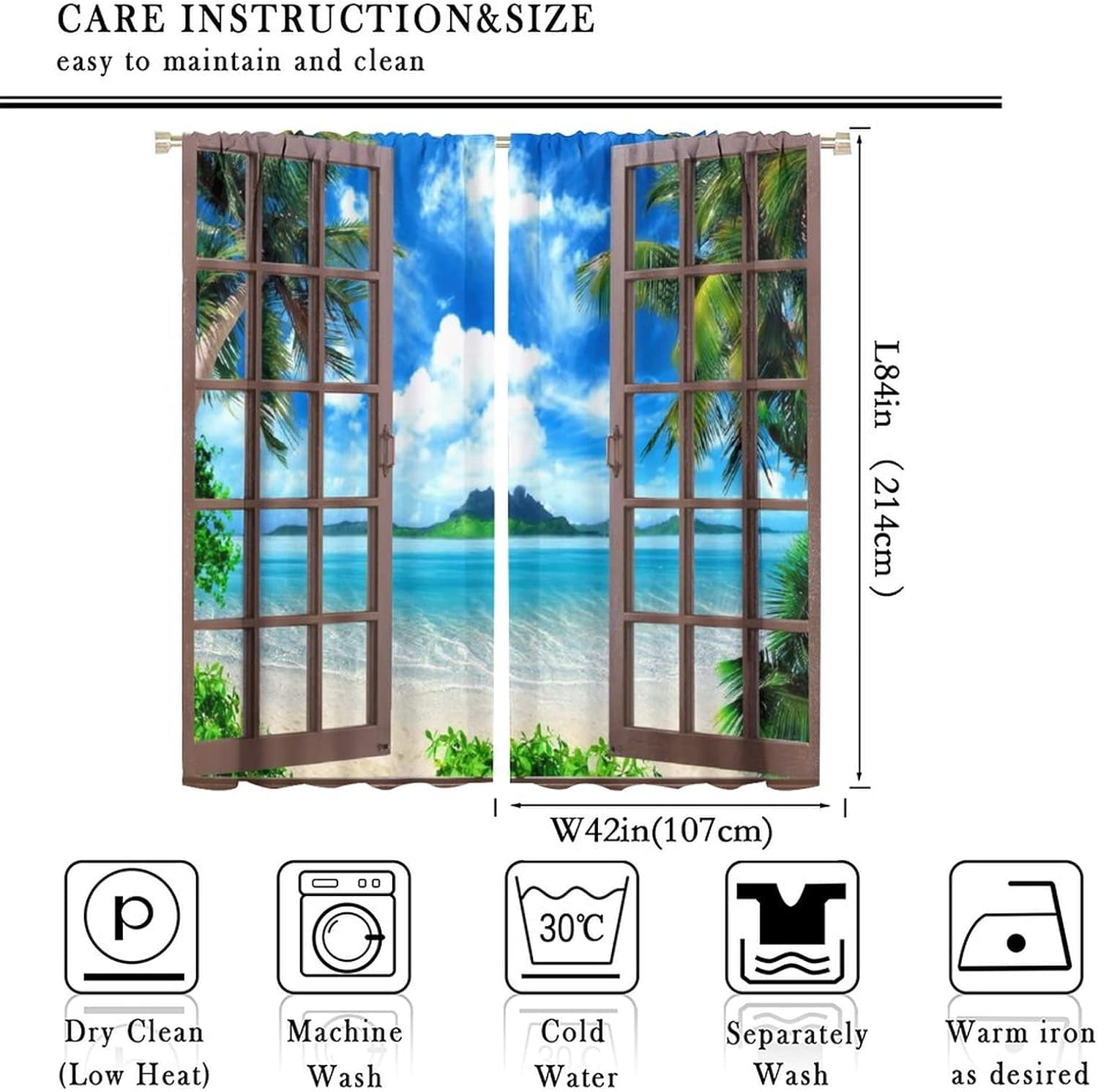 Landscape Blackout Curtains, Window Outside Summer Tropical Beach Island, for Bedroom Living Room, 2 Panel Set, 84x84 Inches, Style-1