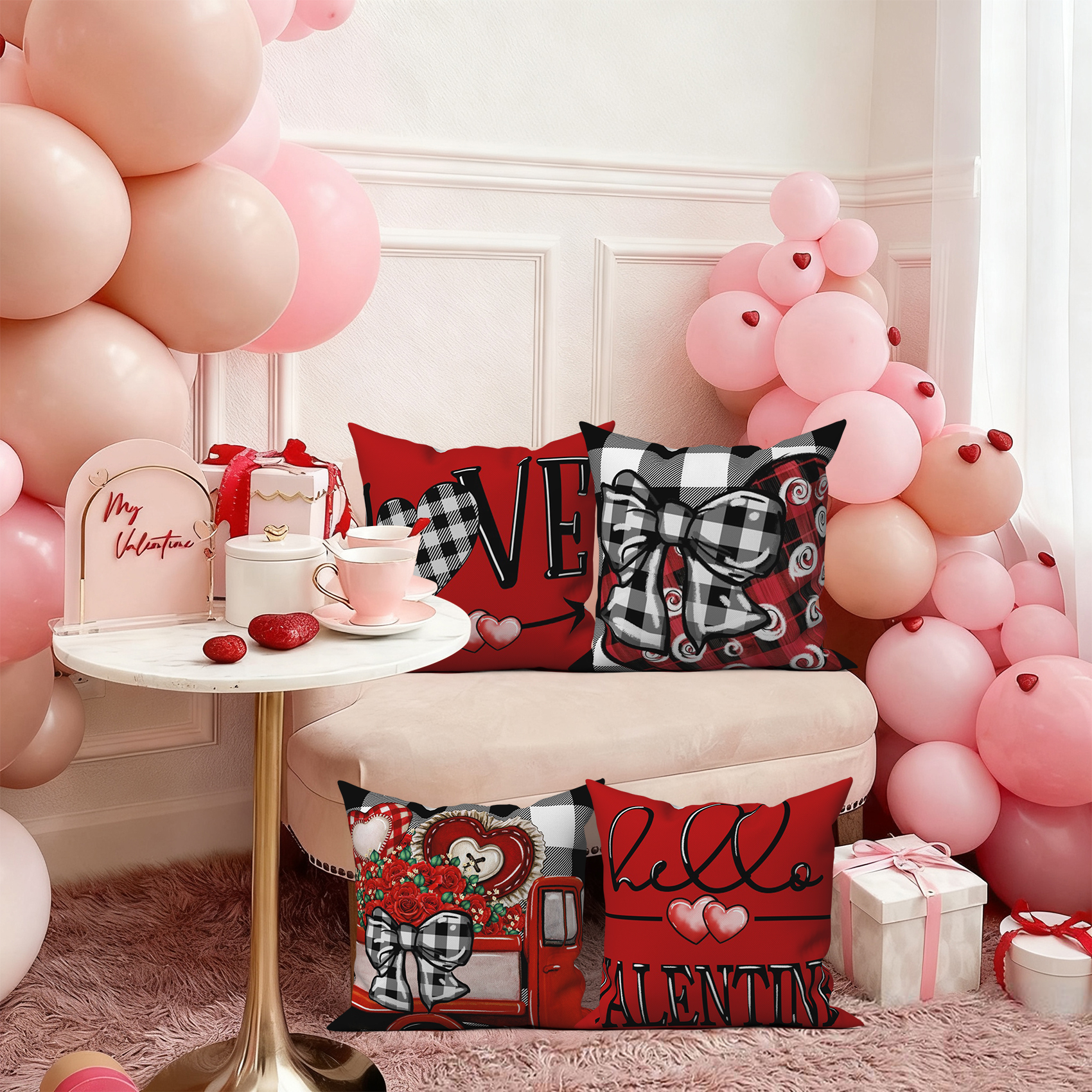 Valentines Throw Pillow Cover for Home Decor Red Love and Truck Linen Decorative Pillowcase 20x20,Set of 4
