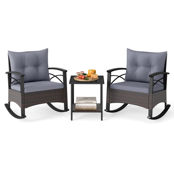 Gymax 3 Piece Rattan Rocking Chair Set Patio Rocker Bistro Set w/ Acacia Wood Tabletop & Armrests