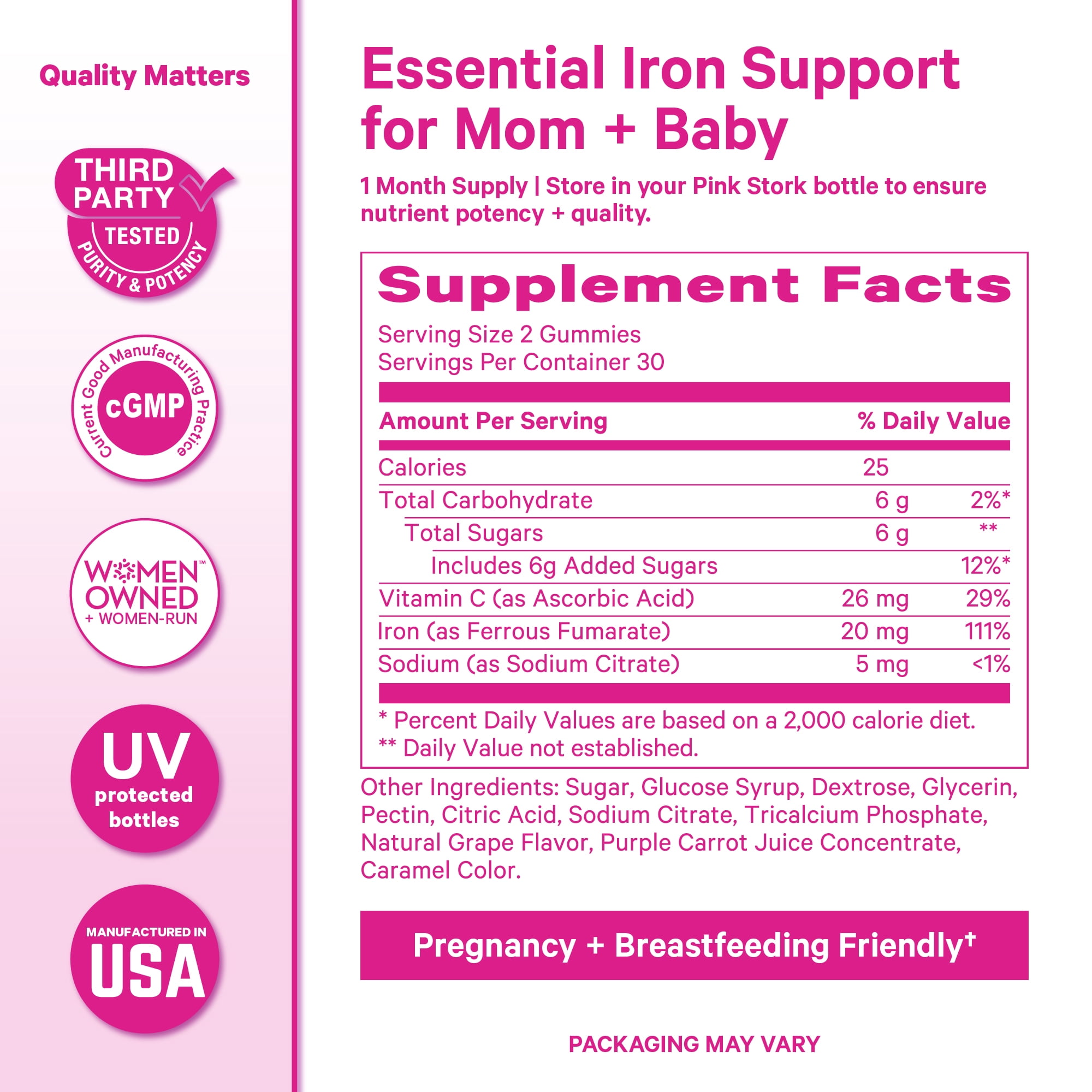 Pink Stork Prenatal Iron Gummies with Vitamin C, Grape Flavor, 60 Count