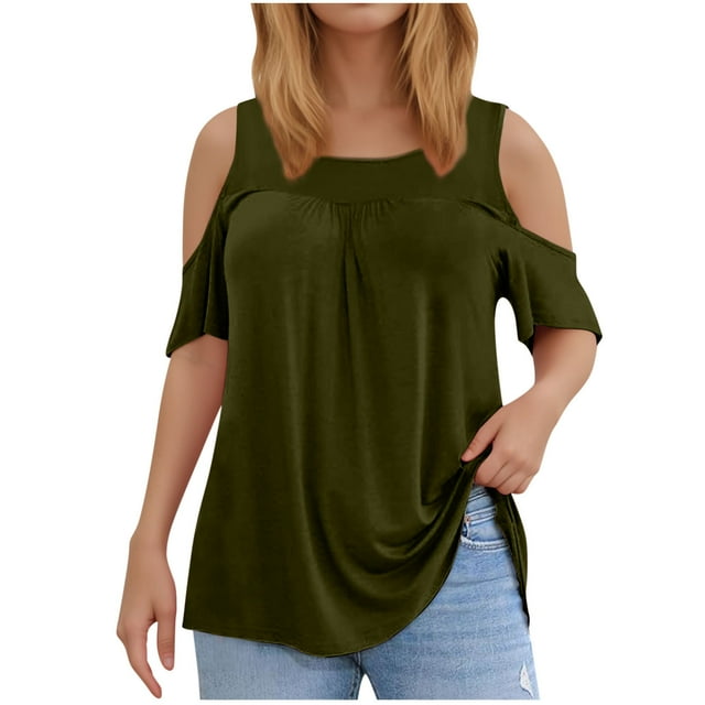 UPPADA T-Shirts d'Été Tendance pour Femmes à Col Rond, Épaules Dégagées, Hauts de Couleur Unie, Mode Décontractée, Coupe Ajustée, Hauts d'Entraînement, Vert Armée, TG