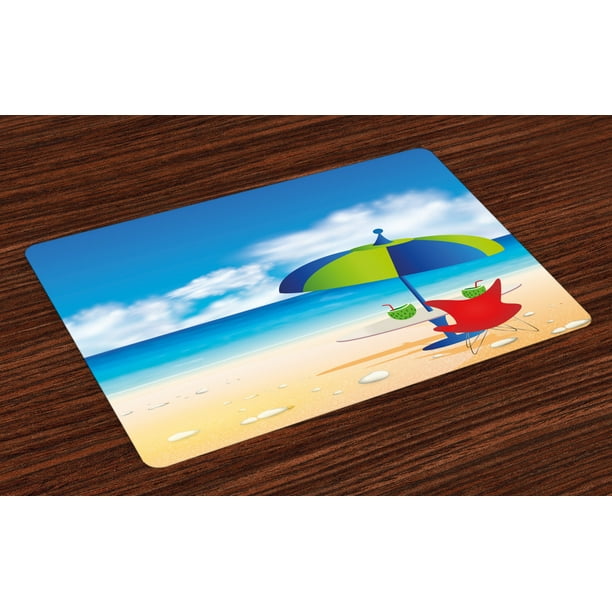 Beach Placemats Set of 4 Relaxing Scene with Umbrella and Drinks Open
