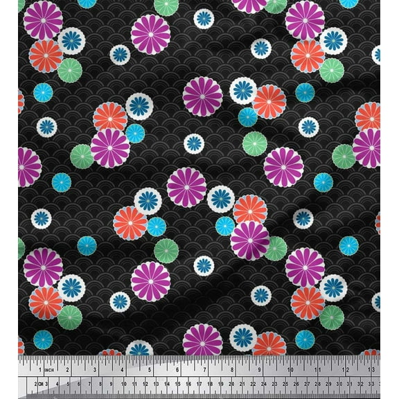 Soimoi Black Cotton Duck Fabric Artistic Flower & Geometric Print Sewing Fabric Yard 42 Inch Wide