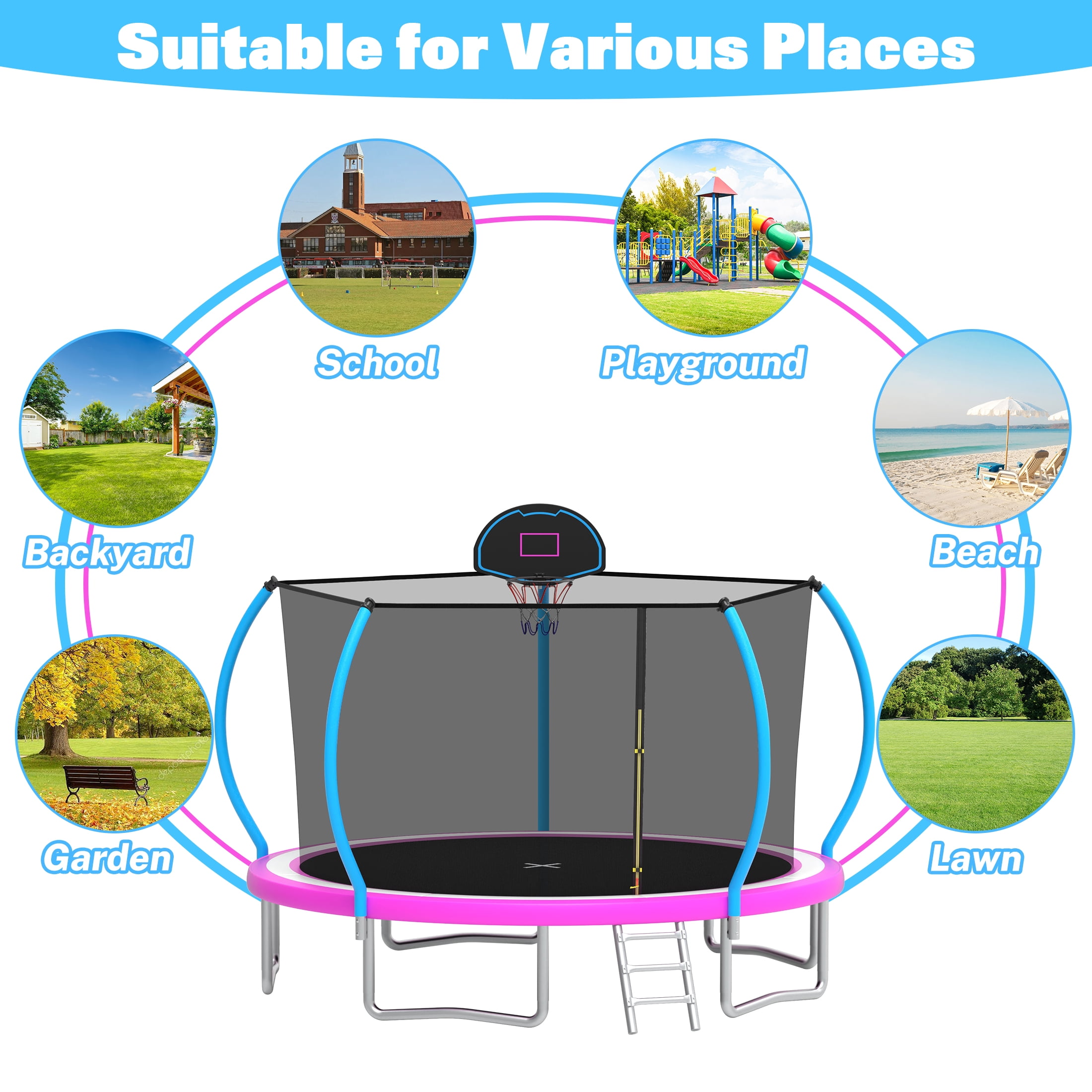 12ft Trampoline with Safety Enclosure, SEGMART Upgrade Outdoor Trampoline with Basketball Hoop, Heavy Duty Back Yard Trampoline with Ladder for Kids and Adults, Pink