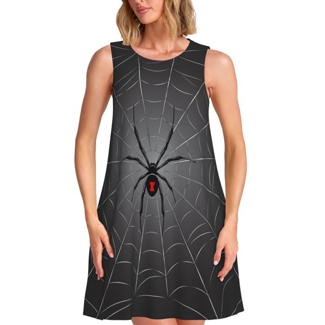 Fotbe Black Spider On Web Vestido de Verano sin Mangas para Mujer – Vestido Midi Línea A, Estilo Camiseta Floral, Vestido Playero Casual y Fluido