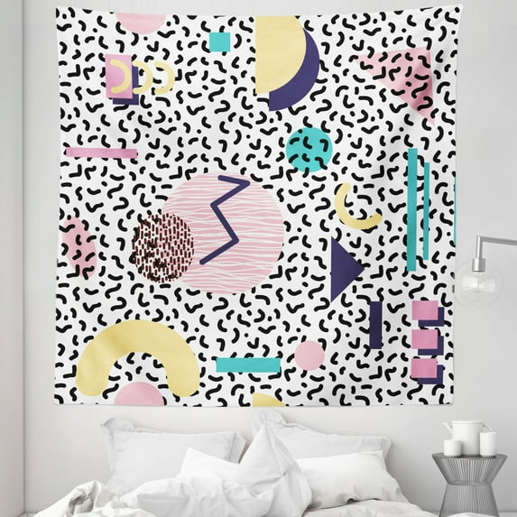 Vintage Tapestry, Geometric Pattern in Retro Style Round Half Moon Triangle Shapes Art, Fabric Wall Hanging Decor for Bedroom Living Room Dorm, 5 Sizes, Navy Yellow Pink, by Ambesonne