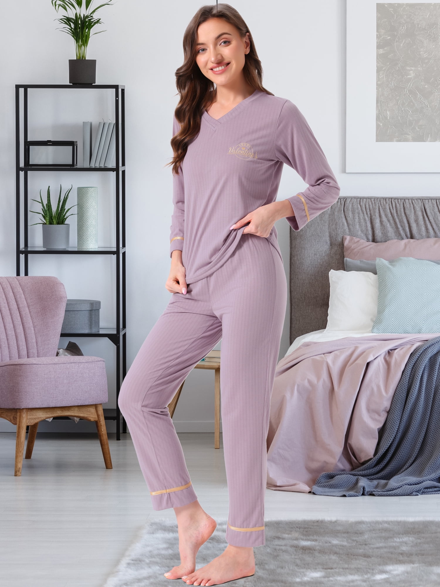 DARING DIVA Women's Cotton Ribbed Pullover V-neck Tops with Bottoms Pajama Sets XS Purple